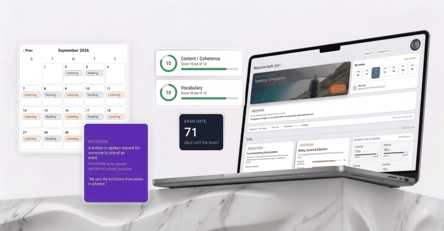 Apex Proficiency dashboard, calendar and score cards on a laptop